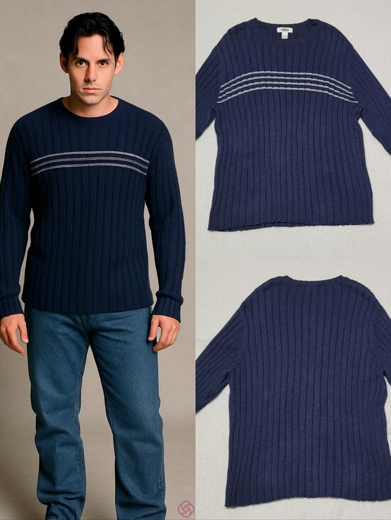 Vintage Other - Vintage Y2K Old Navy Blue Wide Ribbed Four Stripe Crewneck Unisex Sweater XL
